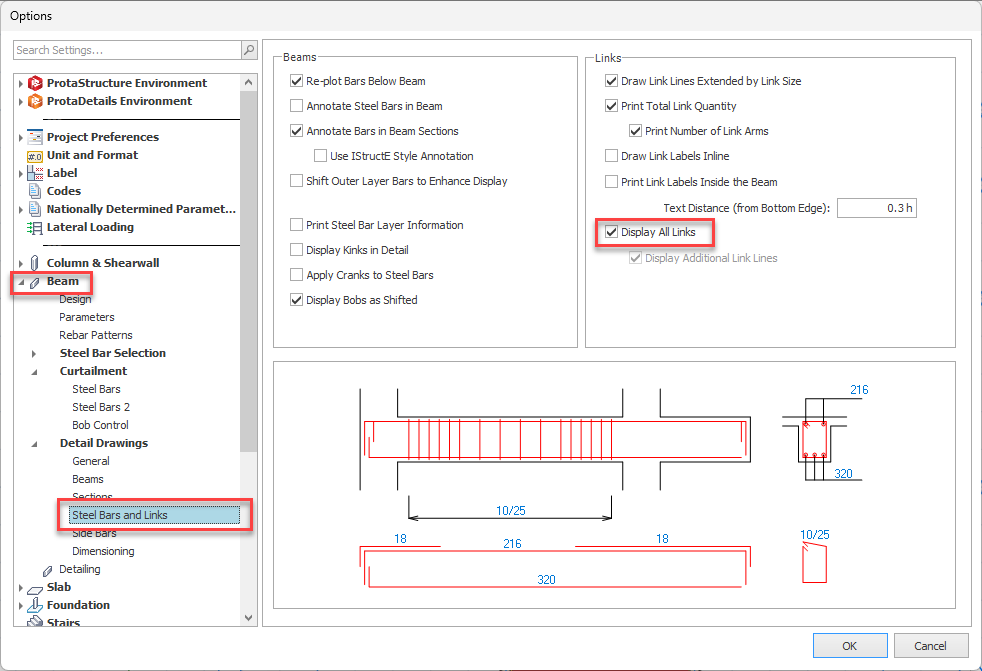 ProtaDetail Options dialog showing Beam Detail Drawing settings with the newly added "Display All Links" checkbox enabled under the Links panel, with a preview of beam elevation and section drawings showing all stirrups rendered in red.