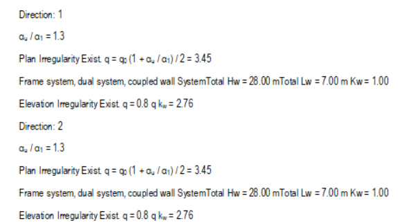 ProtaStructure EC8 post-analysis checks report showing detailed q-factor calculation steps for both seismic directions, including plan irregularity, elevation irregularity, system overstrength ratio, and coupled wall system parameters.