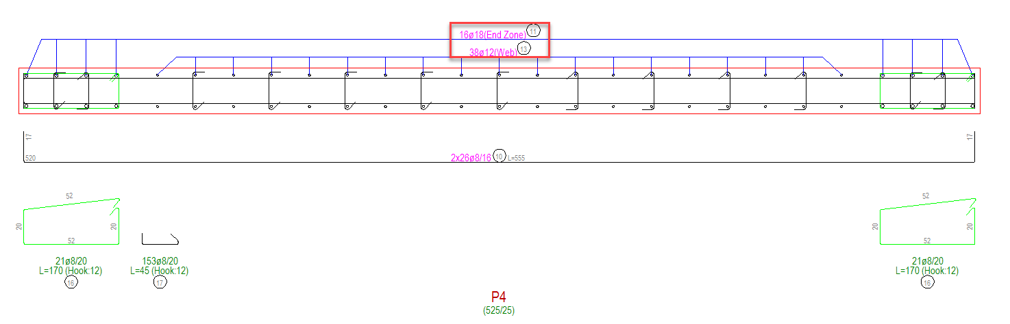 ProtaStructure shear wall reinforcement drawing for wall P4 (525/25) showing end zone and web vertical bars, horizontal stirrups, and bar bending schedules with hook details for all reinforcement layers.