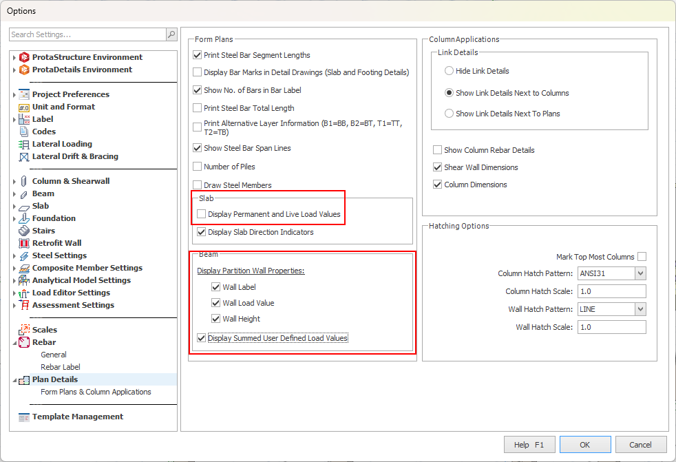 ProtaDetail Options dialog showing Plan Details – Form Plans settings with newly highlighted Slab "Display Permanent and Live Load Values" and Beam "Display Summed User Defined Load Values" checkboxes enabled.
