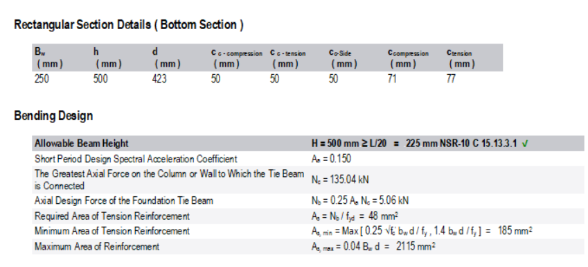 ProtaStructure foundation tie beam bending design report showing rectangular section details and NSR-10 C 15.13.3.1 compliance check with tension reinforcement area calculations for a 250×500 mm beam.