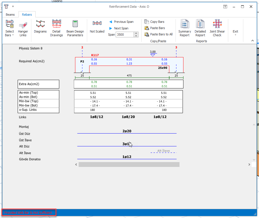 ProtaStructure Reinforcement Data dialog for Axis D showing a red warning message "Provided Web Bar Is Not Sufficient" at the bottom of the beam design window for beam K117 with web bar 1ø12.