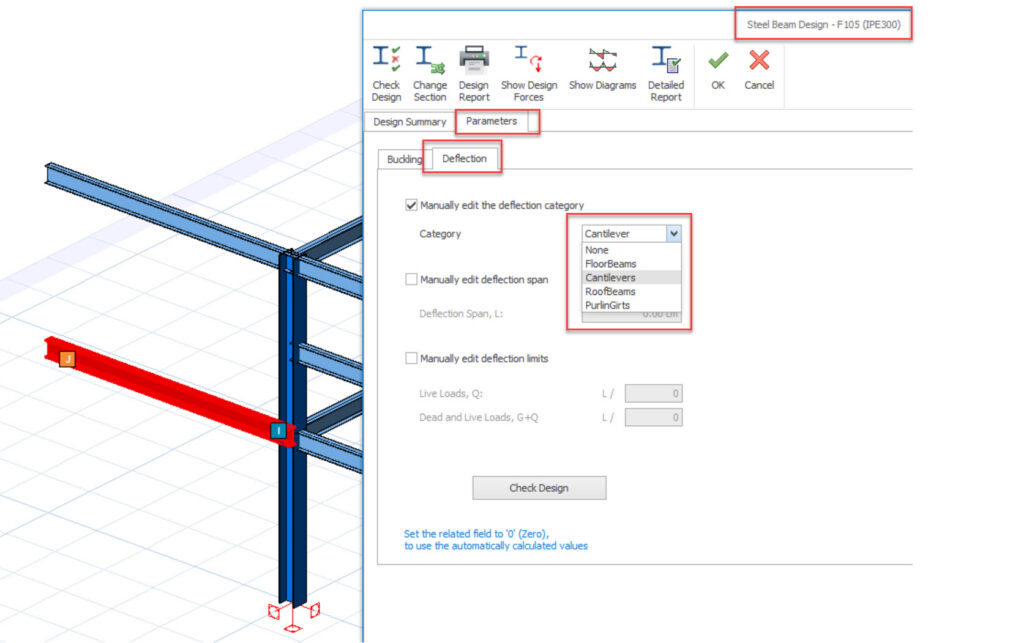 ProtaStructure Steel Beam Design dialog for F105 (IPE300) showing the Deflection tab under Parameters with a new Deflection Category dropdown displaying options: None, FloorBeams, Cantilevers, RoofBeams, and PurlinGirts.