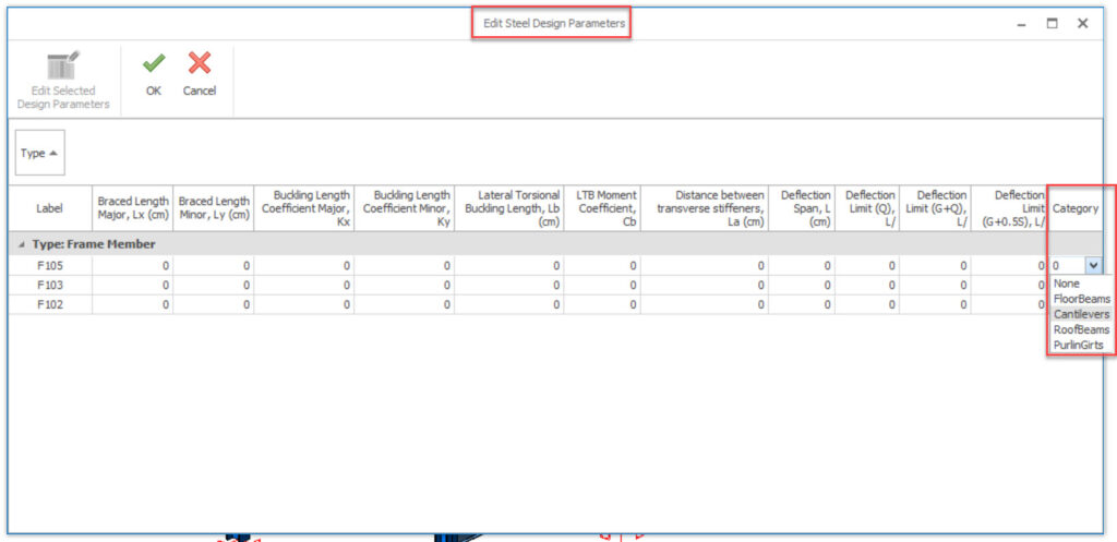 ProtaStructure Edit Steel Design Parameters table showing frame members F105, F103, and F102 with a new Deflection Category column displaying a dropdown with options: None, FloorBeams, Cantilevers, RoofBeams, and PurlinGirts.