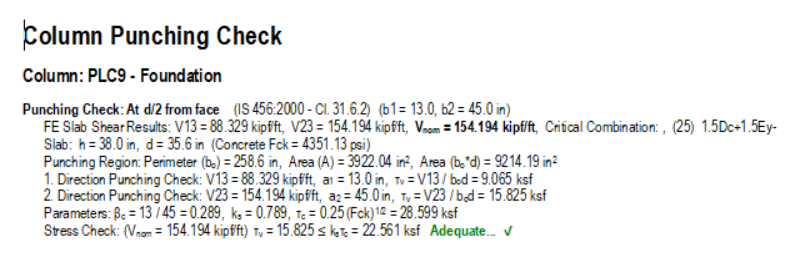 ProtaStructure Column Punching Check report for column PLC9 - Foundation showing column dimensions b1=13.0 in and b2=45.0 in, punching perimeter, shear stress results, and adequacy check per IS 456:2000 Cl.31.6.2.