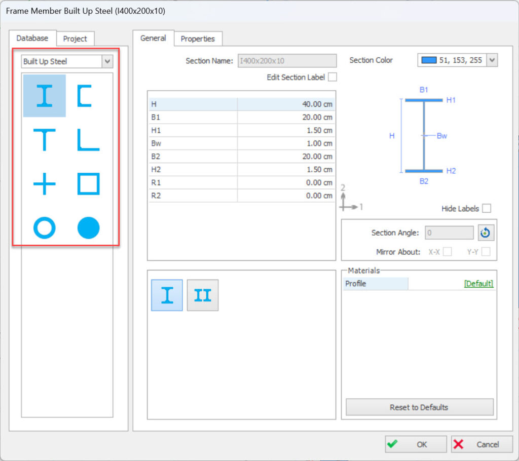ProtaStructure Frame Member Built-Up Steel dialog showing eight section type icons including the newly added steel rod, cross, and T-section shapes, with I400x200x10 section properties displayed on the right.