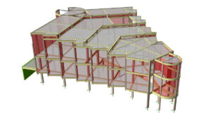 ProtaStructure 3D structural model of a church building rear isometric view showing stepped roof levels and curved towers