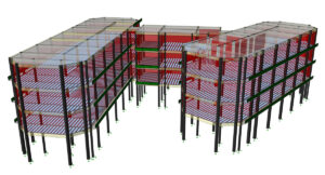 ProtaStructure 3D structural model of hotel building showing ribbed slabs steel columns and shear walls in isometric view