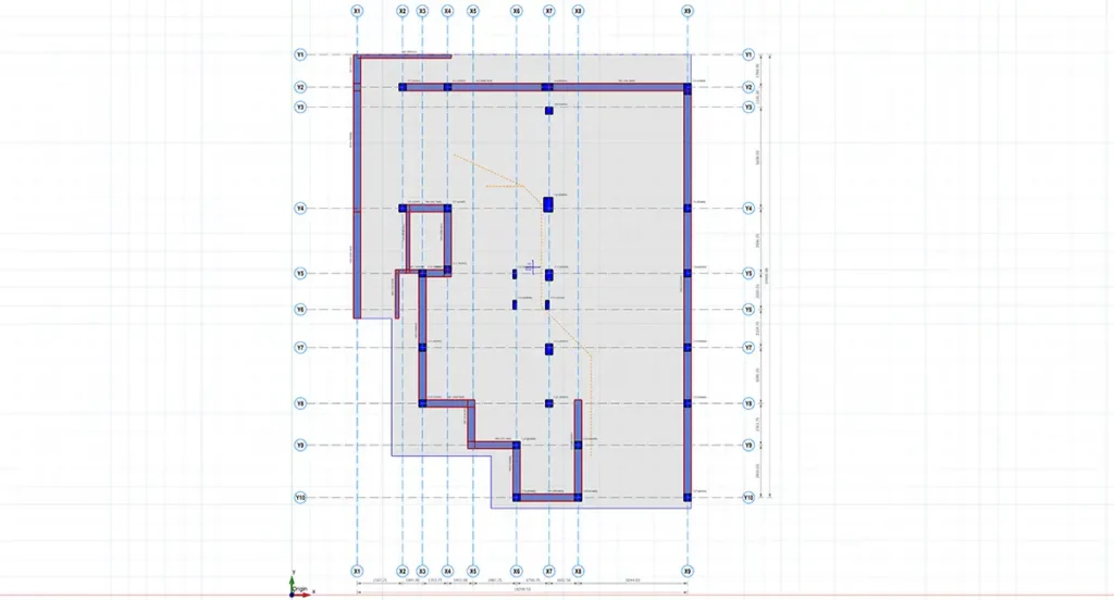 Plan de plancher mettant en évidence poteaux, poutres et autres éléments structurels d’un bâtiment libyen.